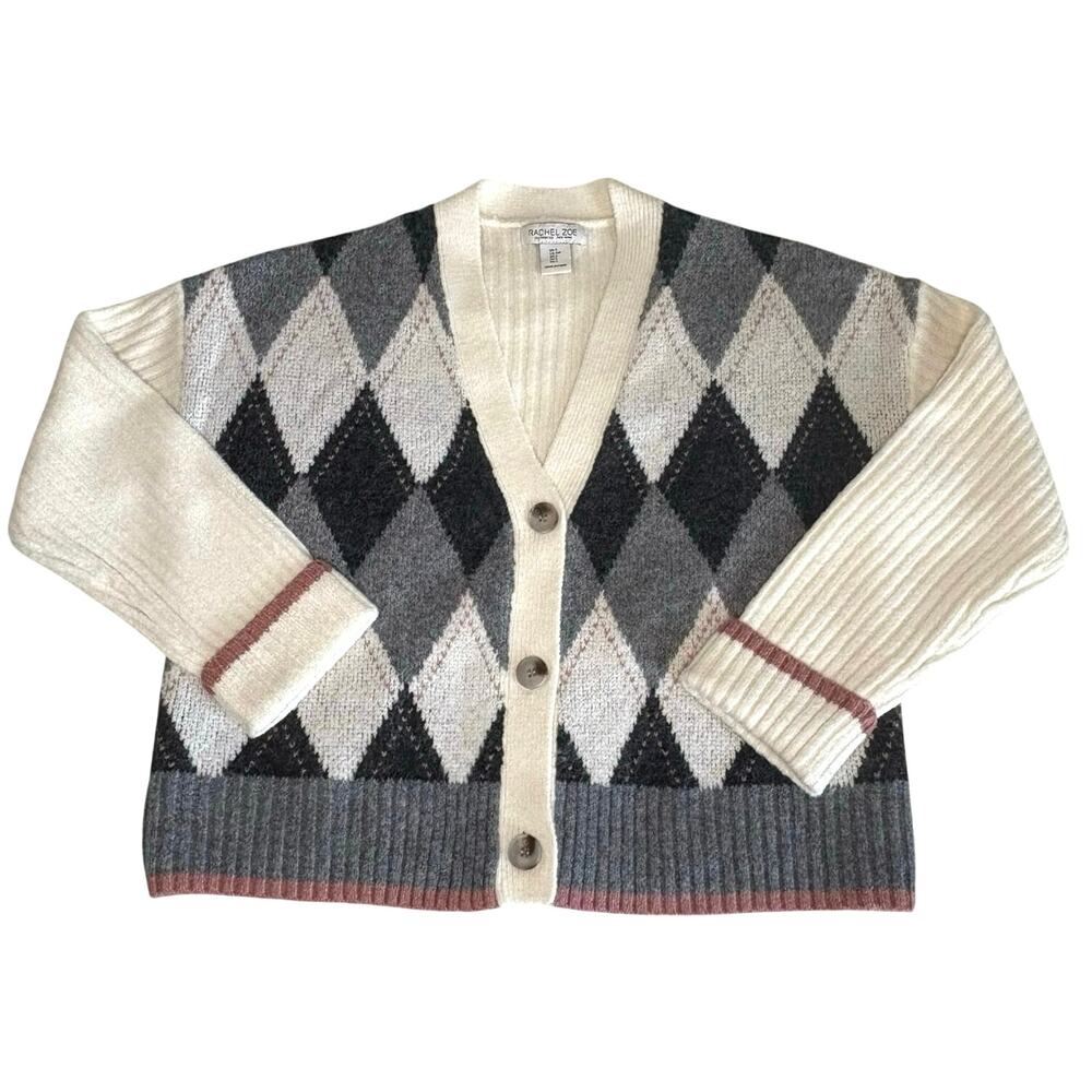 Rachel Zoe Argyle Cardigan Sweater Women's S | Cream & Gray | V-Neck | EUC